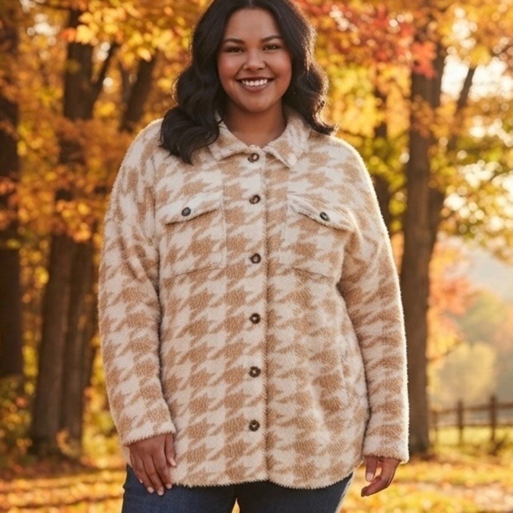 Torrid Womens 4X Houndstooth Eyelash Shacket Sweater Camel White Button Front